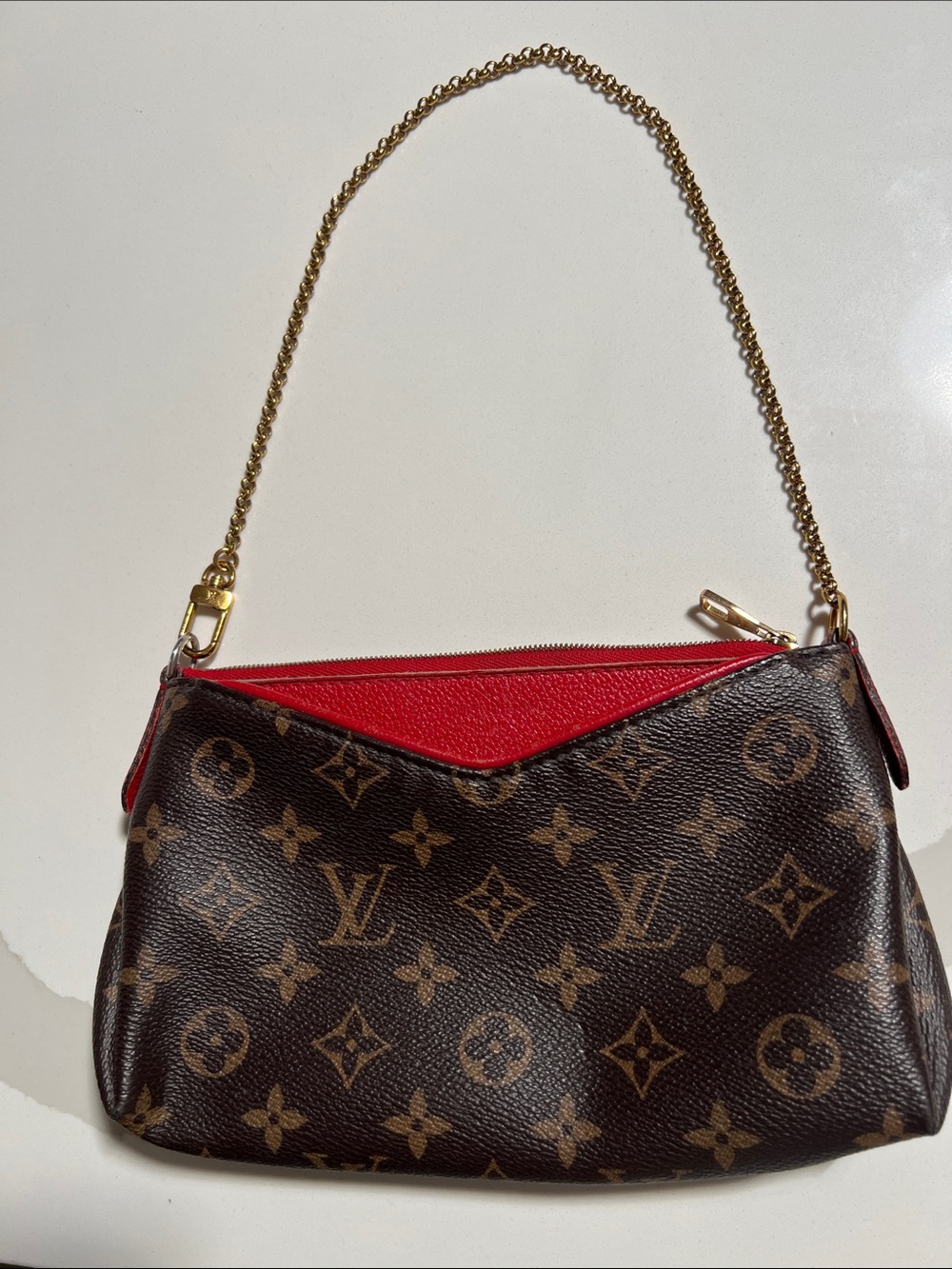 Louis Vuitton Monogram Shoulder Bag with Red Trim and Gold Chain